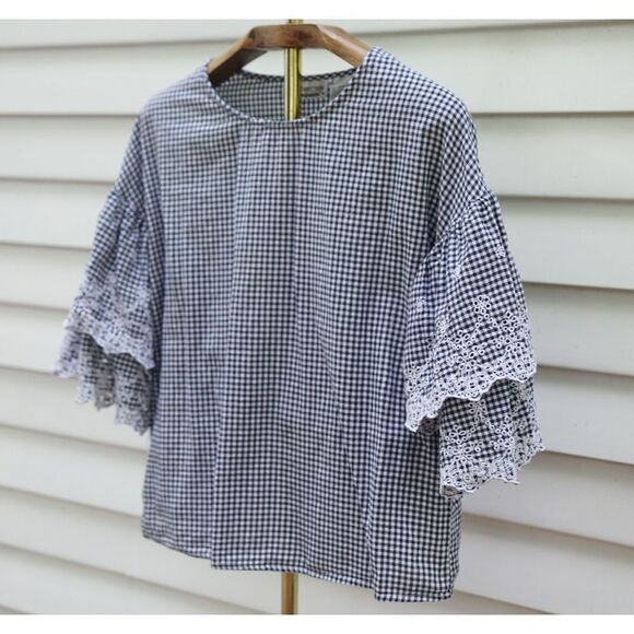 Vintage 90s New Direction Blue Gingham Eyelet Bell Sleeve Blouse - Picture 3 of 6